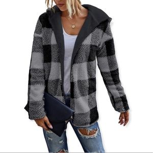 Plaid Sherpa Hooded Jacket - Black & Gray
